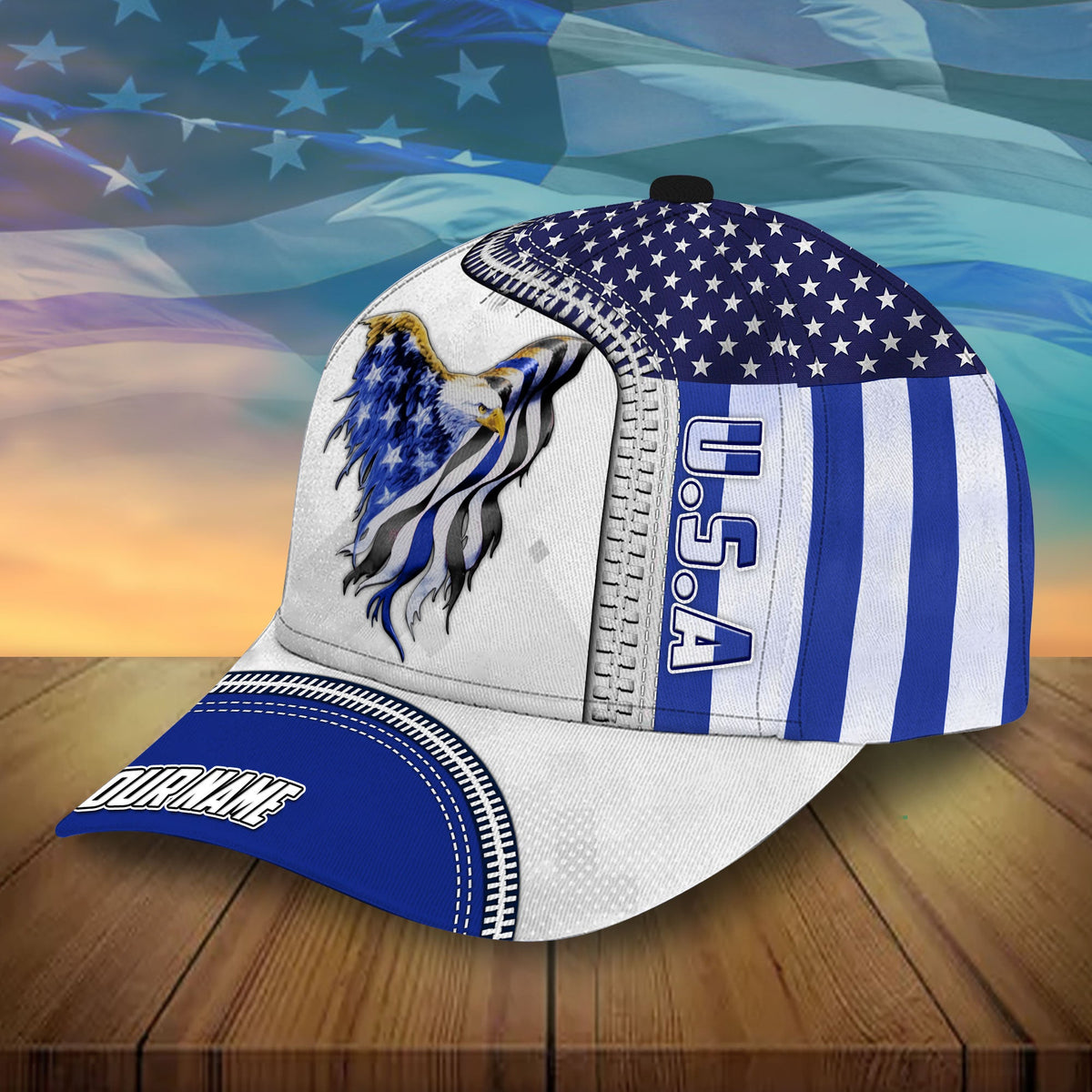 White and blue baseball cap with eagle artwork, star front, and YOUR NAME
