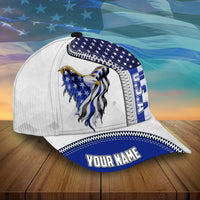 White baseball cap with blue eagle and stars, striped band, and YOUR NAME text