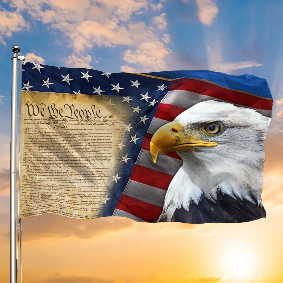 American patriotic grommet flag with bald eagle and We the People script