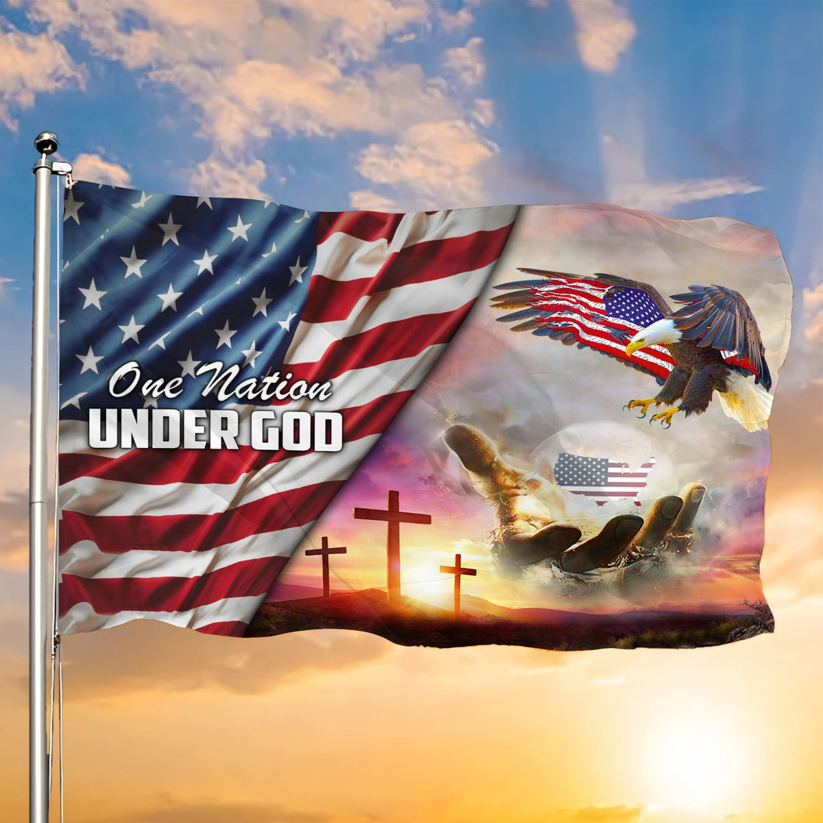 Waving patriotic grommet flag with eagle graphic, stars and stripes, and 'One Nation Under God'