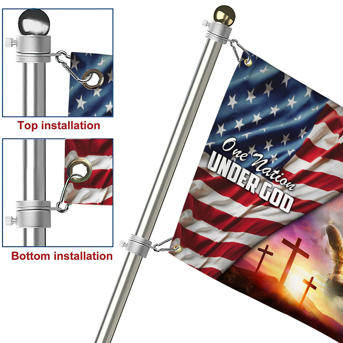 Grommet flag with metal pole and top/bottom installation hardware
