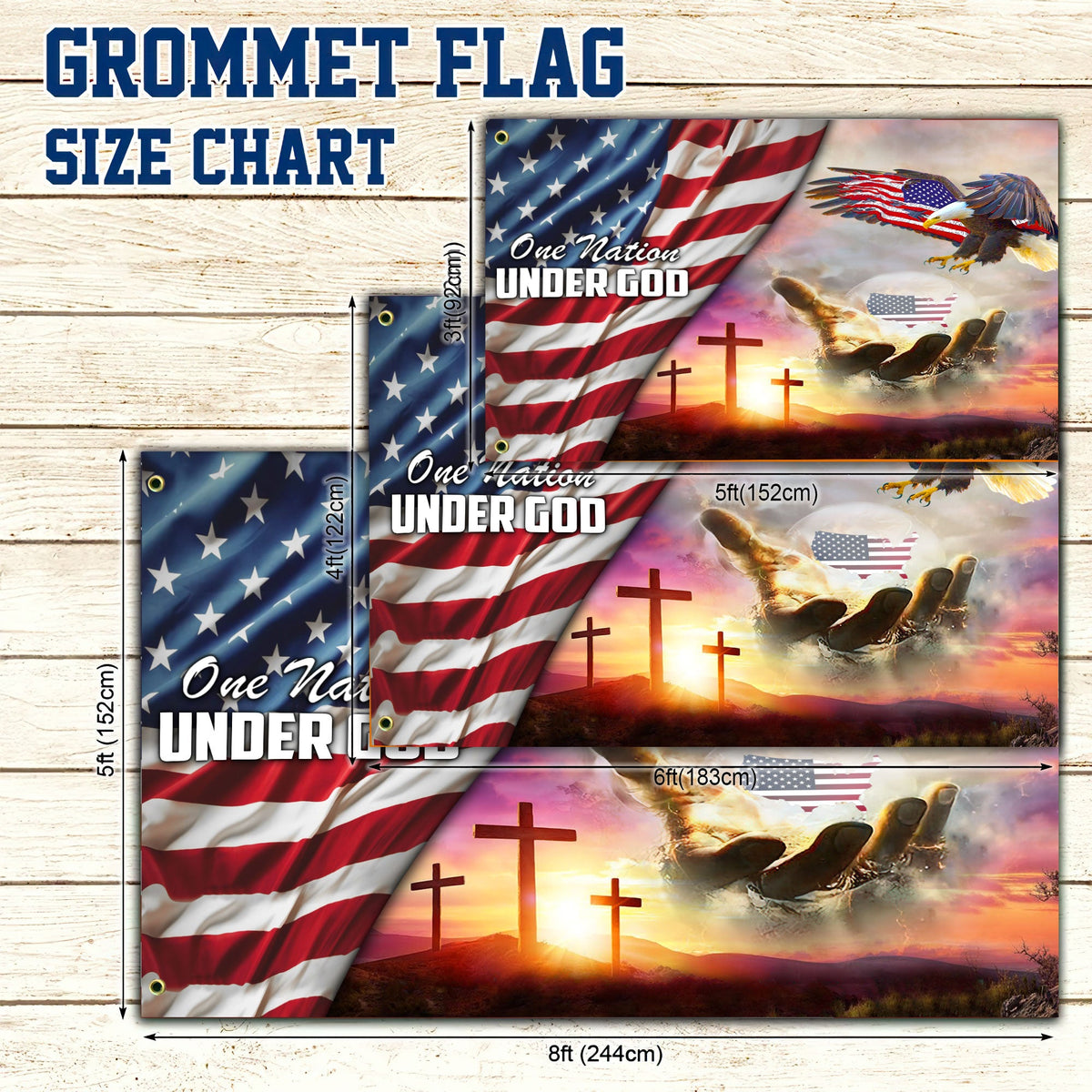 Grommet flag size chart with eagle design and 5 ft x 8 ft dimensions