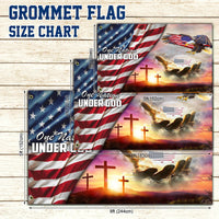 Grommet flag size chart with eagle design and 5 ft x 8 ft dimensions