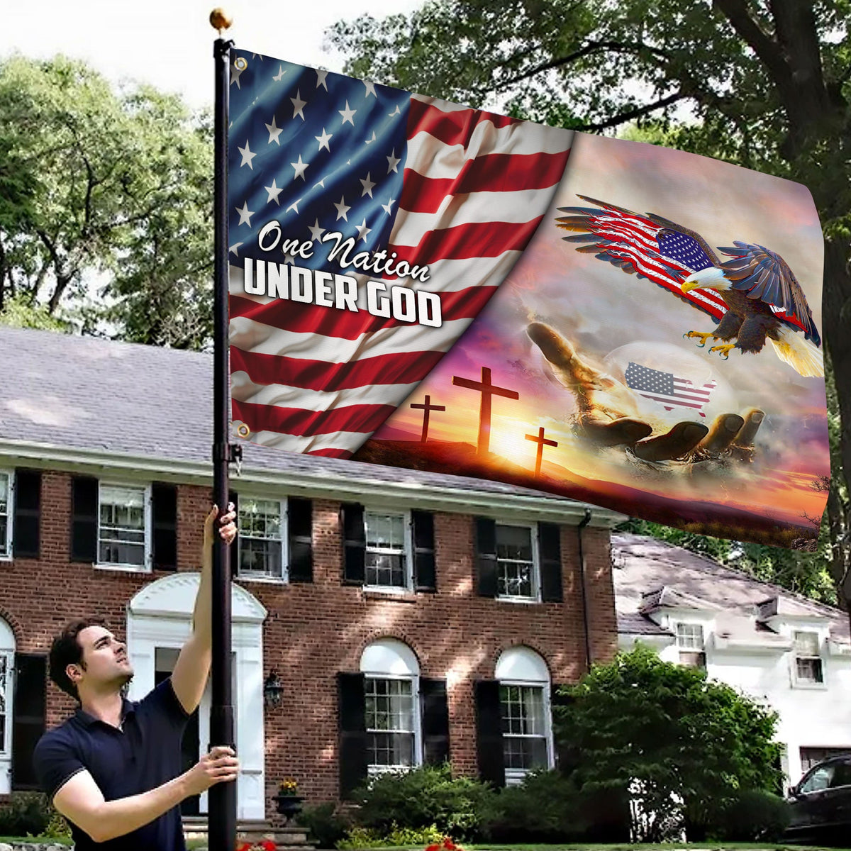 Patriotic grommet flag with eagle, crosses, stars and stripes, and 'One Nation Under God'
