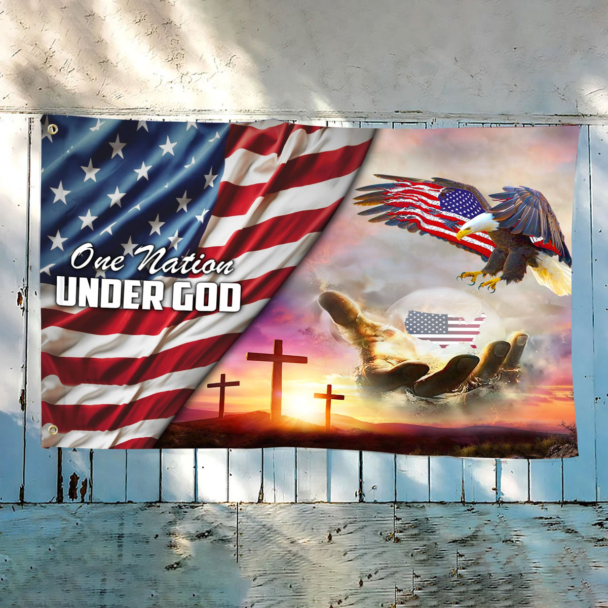Patriotic grommet flag with eagle, crosses, stars and stripes, and 'One Nation Under God'