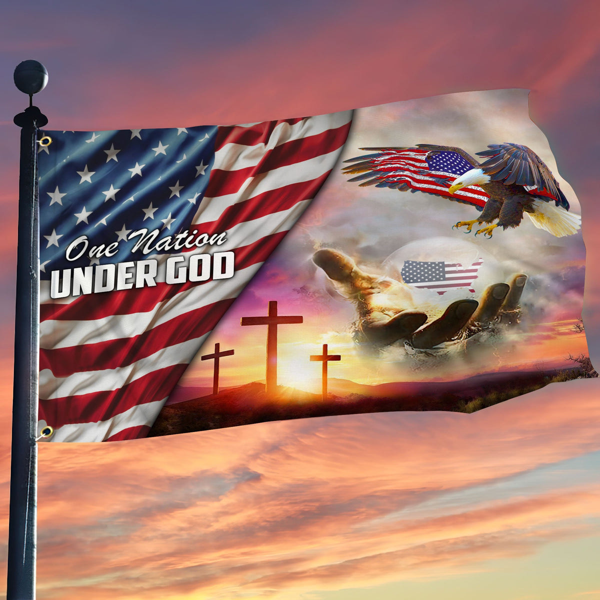 Patriotic grommet flag with eagle, stars and stripes, and 'One Nation Under God' lettering