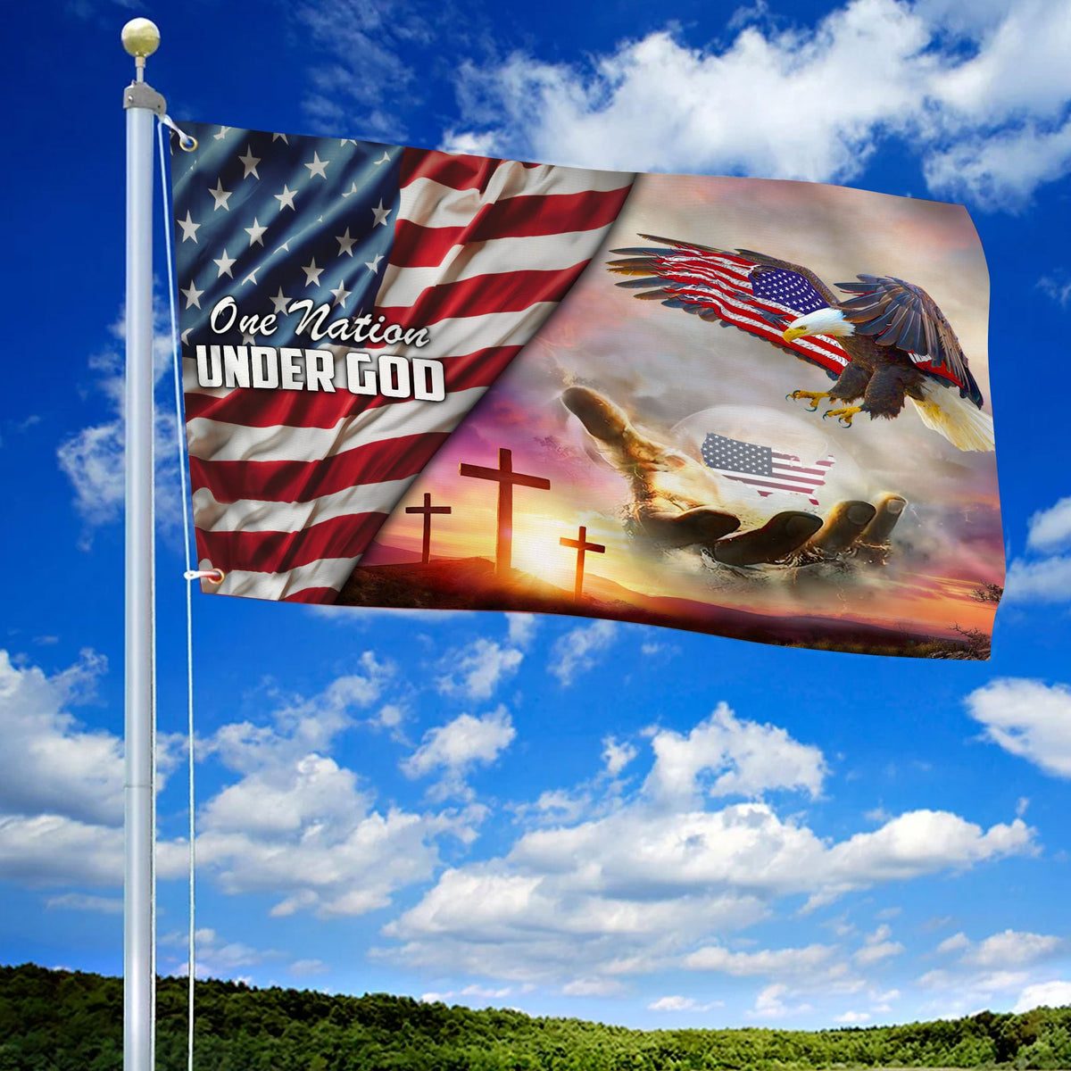 Patriotic grommet flag with eagle, crosses, stars and stripes, and 'One Nation Under God'