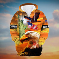 Front zip hoodie with bold eagle face and patriotic flags graphic, orange.