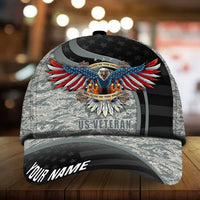 Light gray camo baseball cap with 3D eagle emblem, 'US VETERAN' and 'YOUR NAME'.