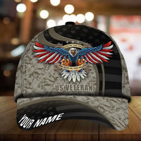 Olive camo baseball cap with 3D eagle patch, 'US VETERAN' and 'YOUR NAME'.