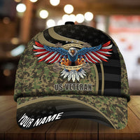 Olive camo baseball cap with 3D eagle emblem, 'US VETERAN' lettering and 'YOUR NAME'.