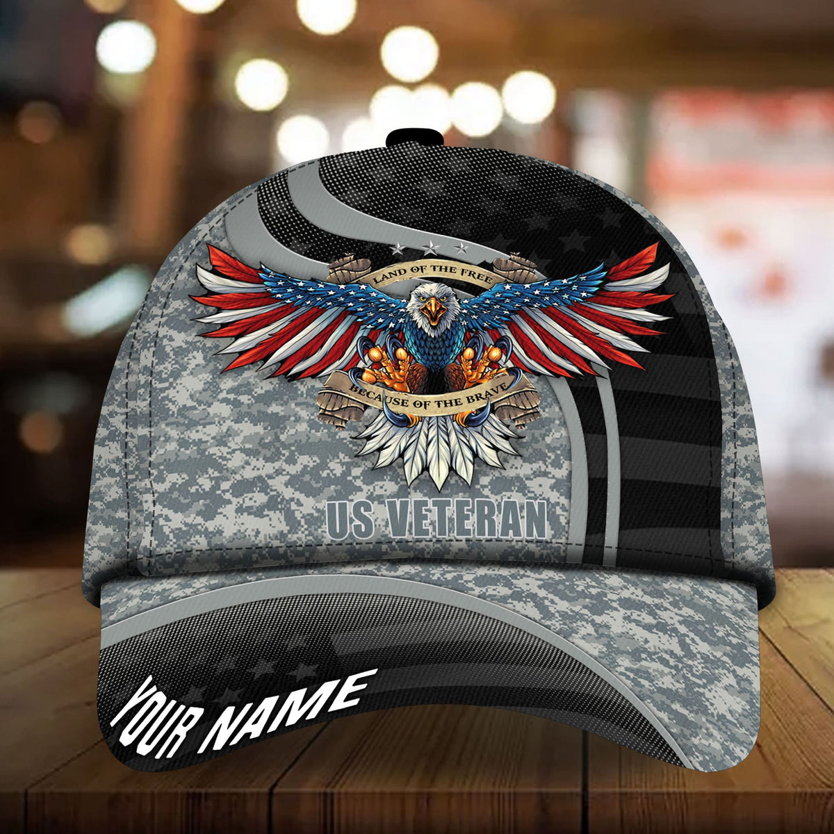 Veteran camo baseball cap with 3D eagle wings, 'US VETERAN' front, 'YOUR NAME' brim