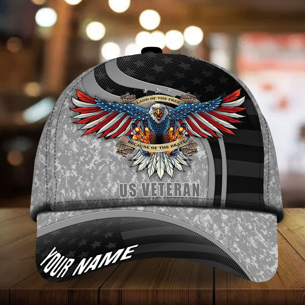 Veteran camo baseball cap with eagles and stars, 'US VETERAN' patch, 'YOUR NAME' on brim