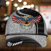 Veteran camo baseball cap with eagles and stars, 'US VETERAN' patch, 'YOUR NAME' on brim