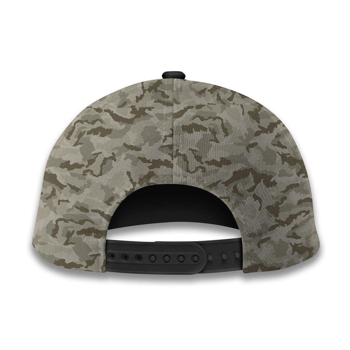 Olive camo baseball cap back panel with adjustable strap and ventilation eyelets.