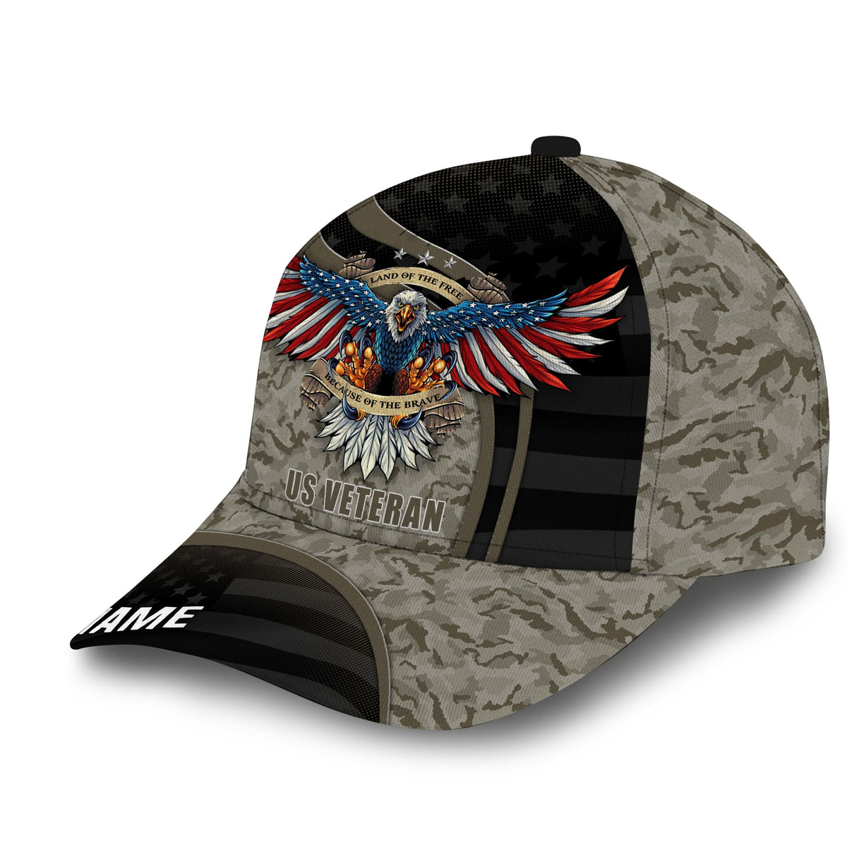Tan camo baseball cap with 3D eagle patch, 'US VETERAN' text and 'YOUR NAME'.