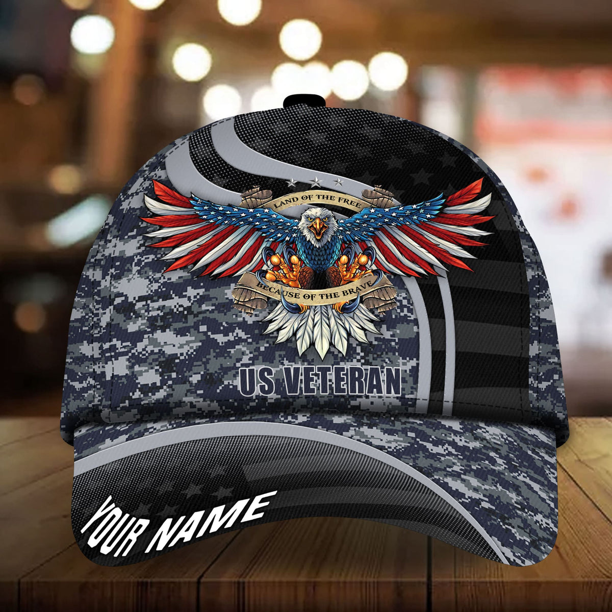 Dark gray camo baseball cap with 3D eagle emblem, 'US VETERAN' and 'YOUR NAME'.