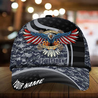 Dark gray camo baseball cap with 3D eagle emblem, 'US VETERAN' and 'YOUR NAME'.