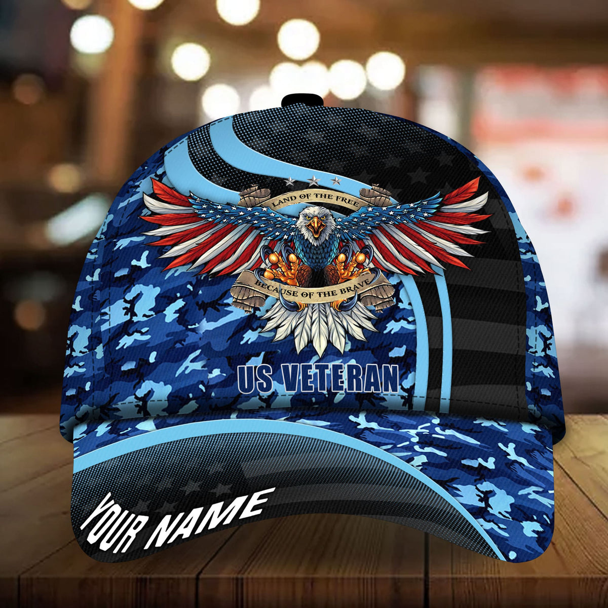 Blue camo baseball cap with 3D eagle emblem, 'US VETERAN' and 'YOUR NAME'.