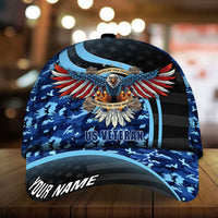 Blue camo baseball cap with 3D eagle emblem, 'US VETERAN' and 'YOUR NAME'.