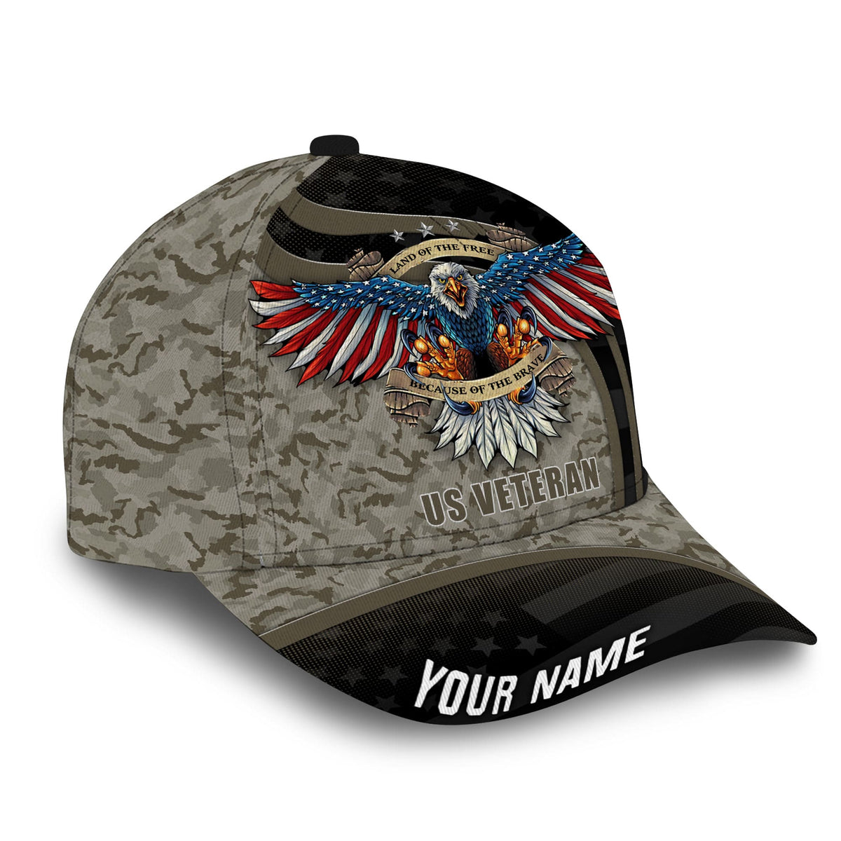 Tan camo baseball cap with 3D eagle patch, 'US VETERAN' plus 'YOUR NAME'.