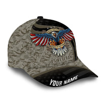 Tan camo baseball cap with 3D eagle patch, 'US VETERAN' plus 'YOUR NAME'.