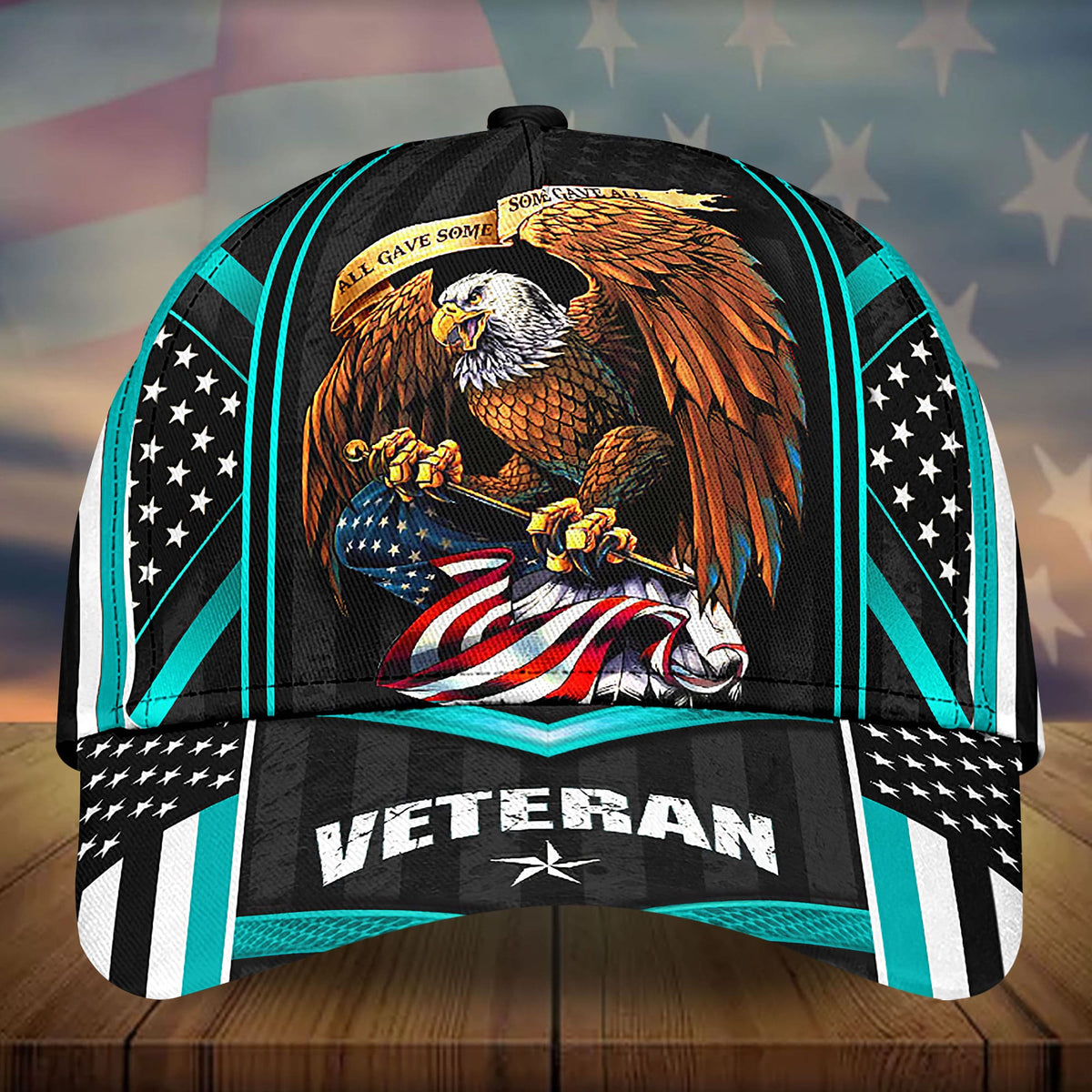 US veteran 3D eagle cap with American flag art and 'VETERAN' front, cyan accents