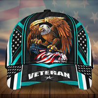 US veteran 3D eagle cap with American flag art and 'VETERAN' front, cyan accents