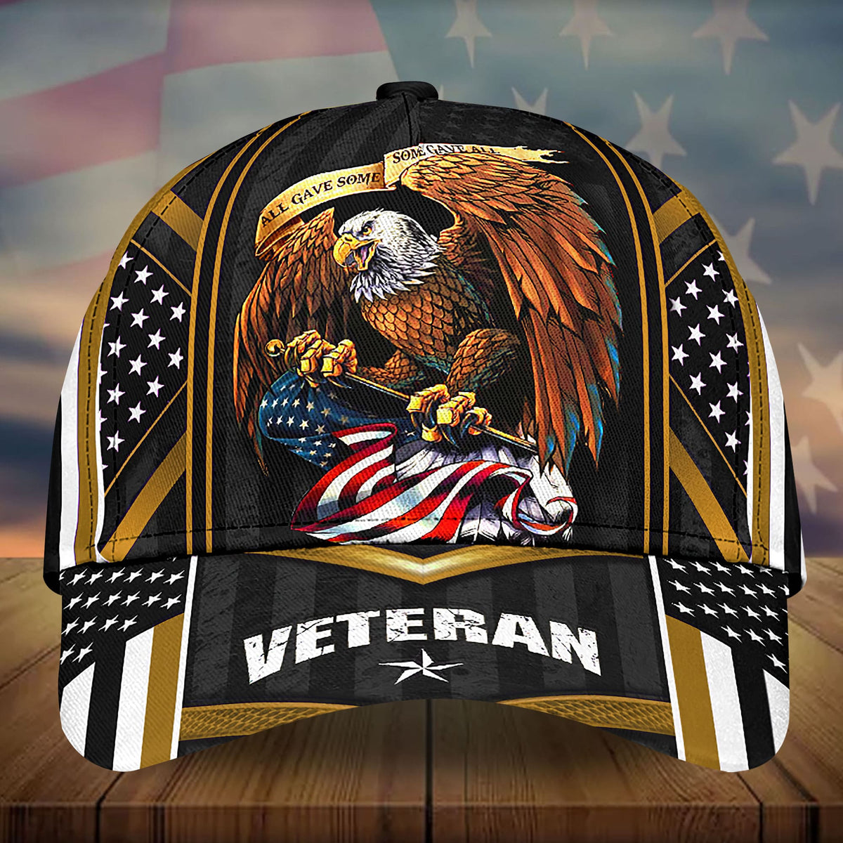 US veteran 3D eagle cap with American flag art and 'VETERAN' front, brown accents