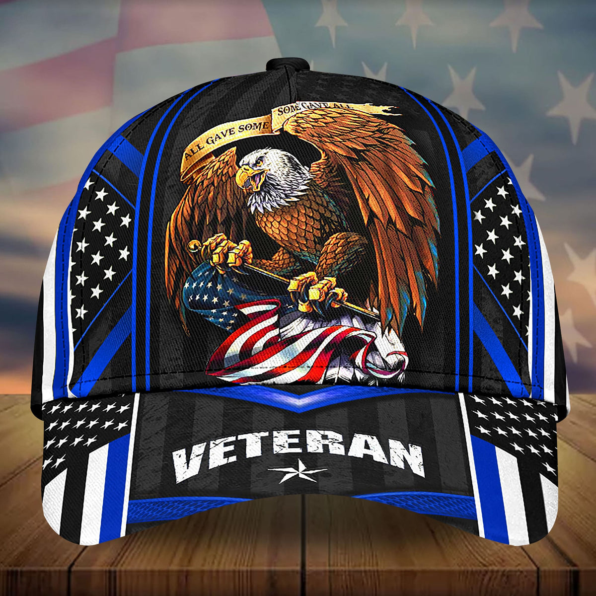 US veteran 3D eagle cap with American flag art and 'VETERAN' front, blue accents
