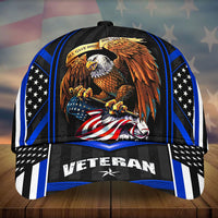 US veteran 3D eagle cap with American flag art and 'VETERAN' front, blue accents