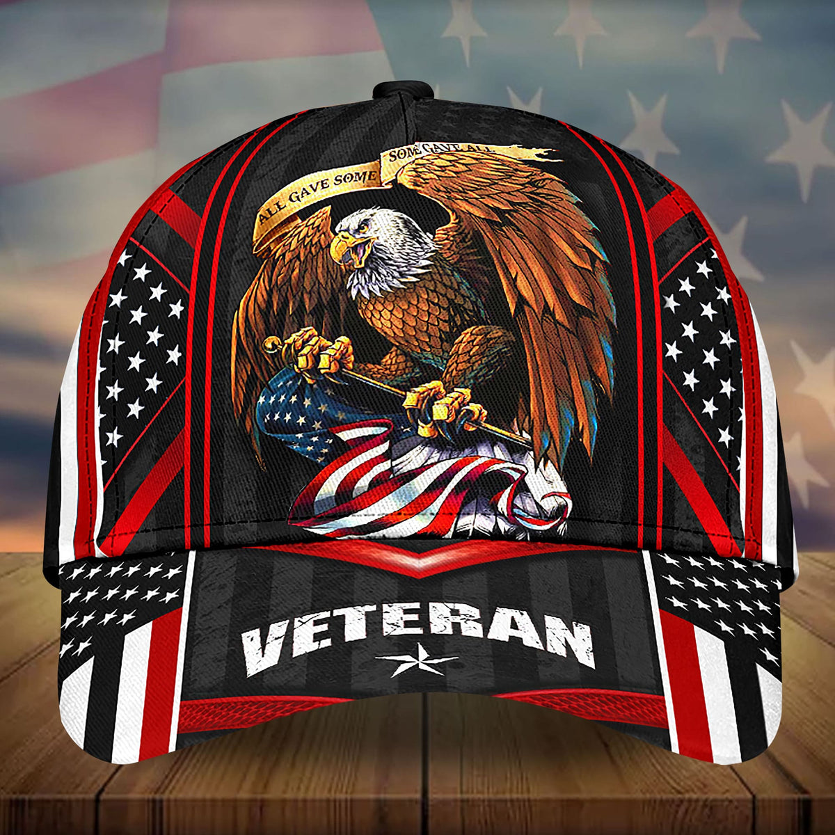 US veteran 3D eagle cap with American flag art and 'VETERAN' front, red accents