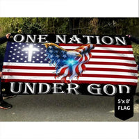 Grommet flag with eagle and 'ONE NATION UNDER GOD' text, shown with 5x8' size label