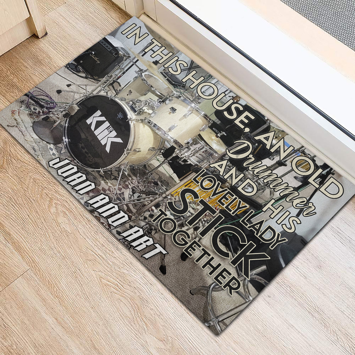 Doormat with dark abstract typography design in black, gray, and purple tones