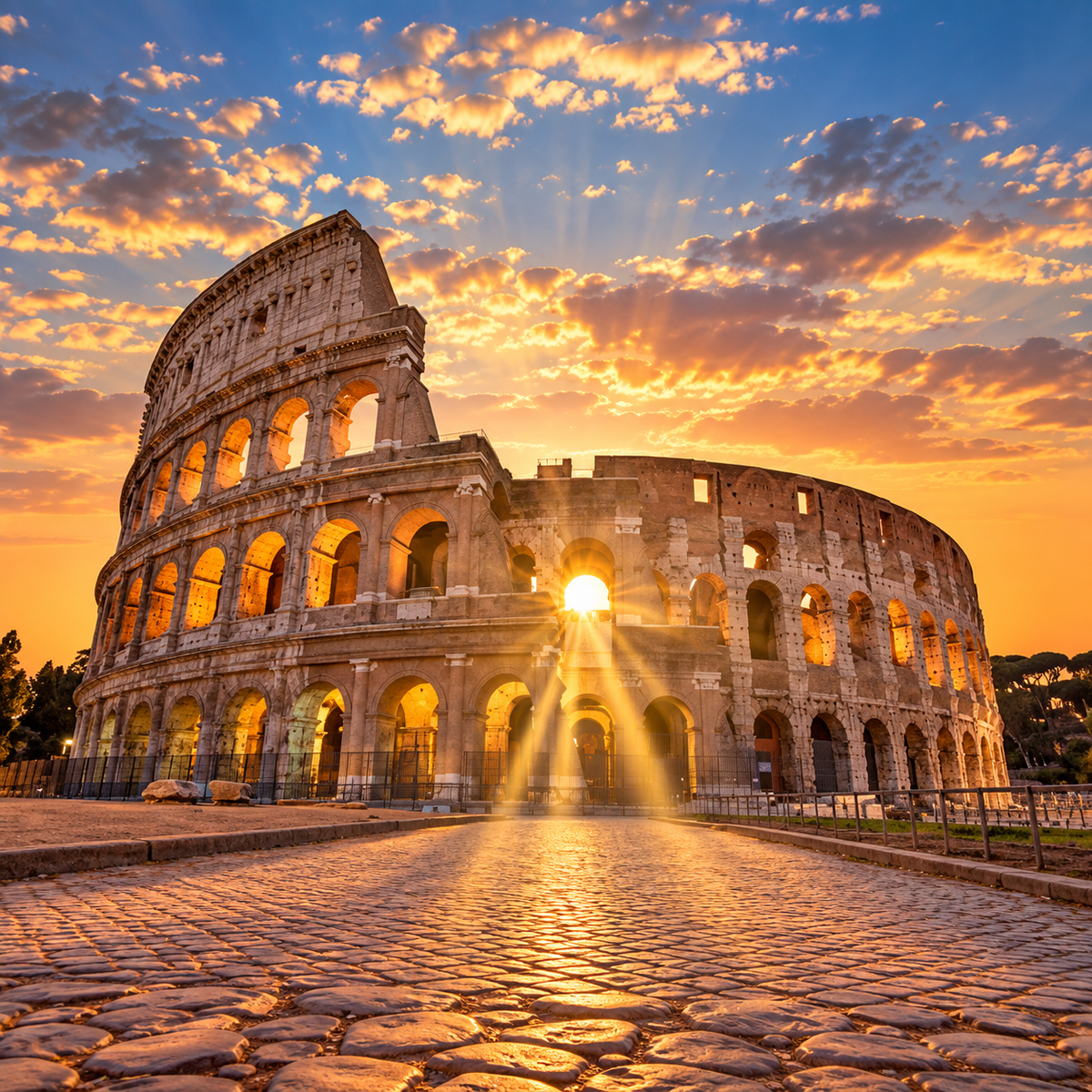 The Colosseum in Rome at sunset, with golden sunlight streaming through the arches and a dramatic orange and blue sky filled with clouds above a cobblestone foreground.