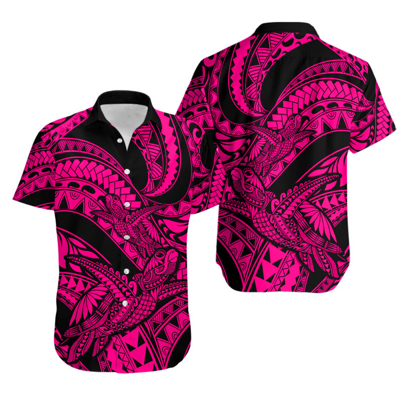 Black and pink tribal print Hawaiian shirt with button front and short sleeves