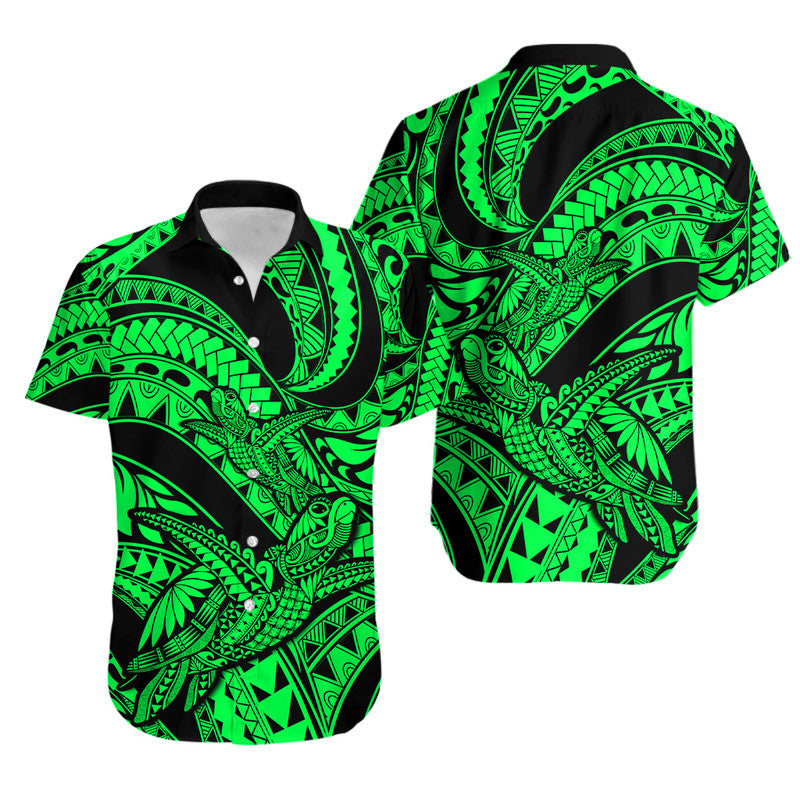 Green-and-black Hawaiian shirt with tribal print, button-up collar