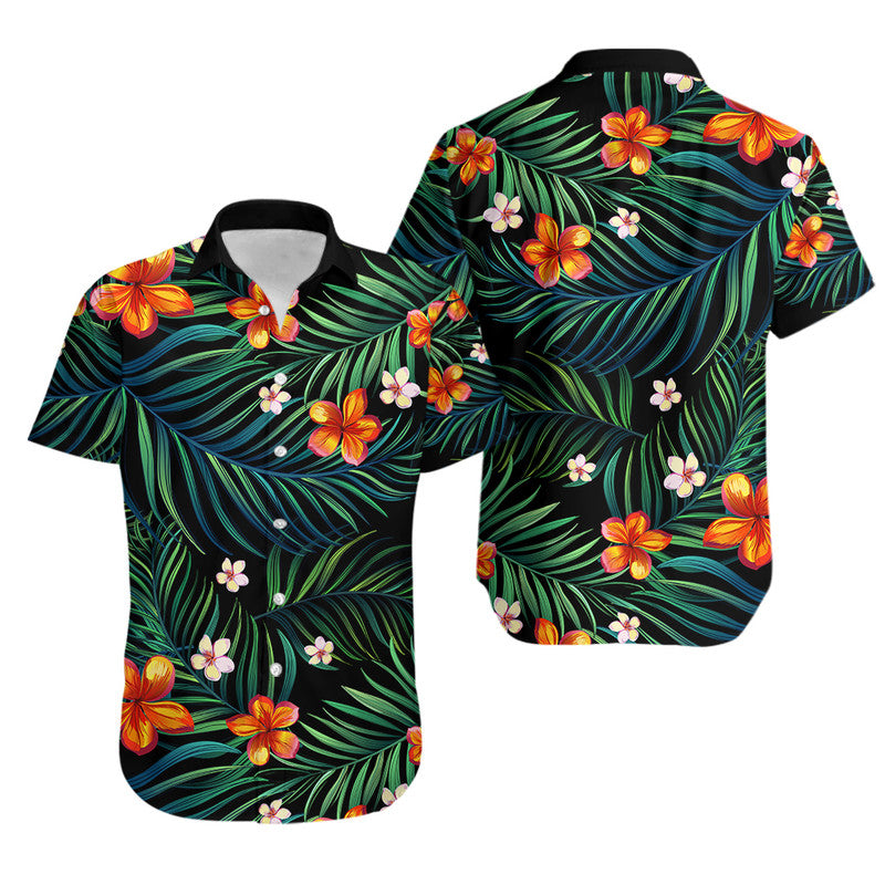 Black Hawaiian short-sleeve shirt with green leaf stripes and orange/yellow flowers