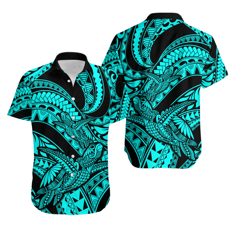 Turquoise tribal Hawaiian shirt with black collar, button front, and turtle graphic