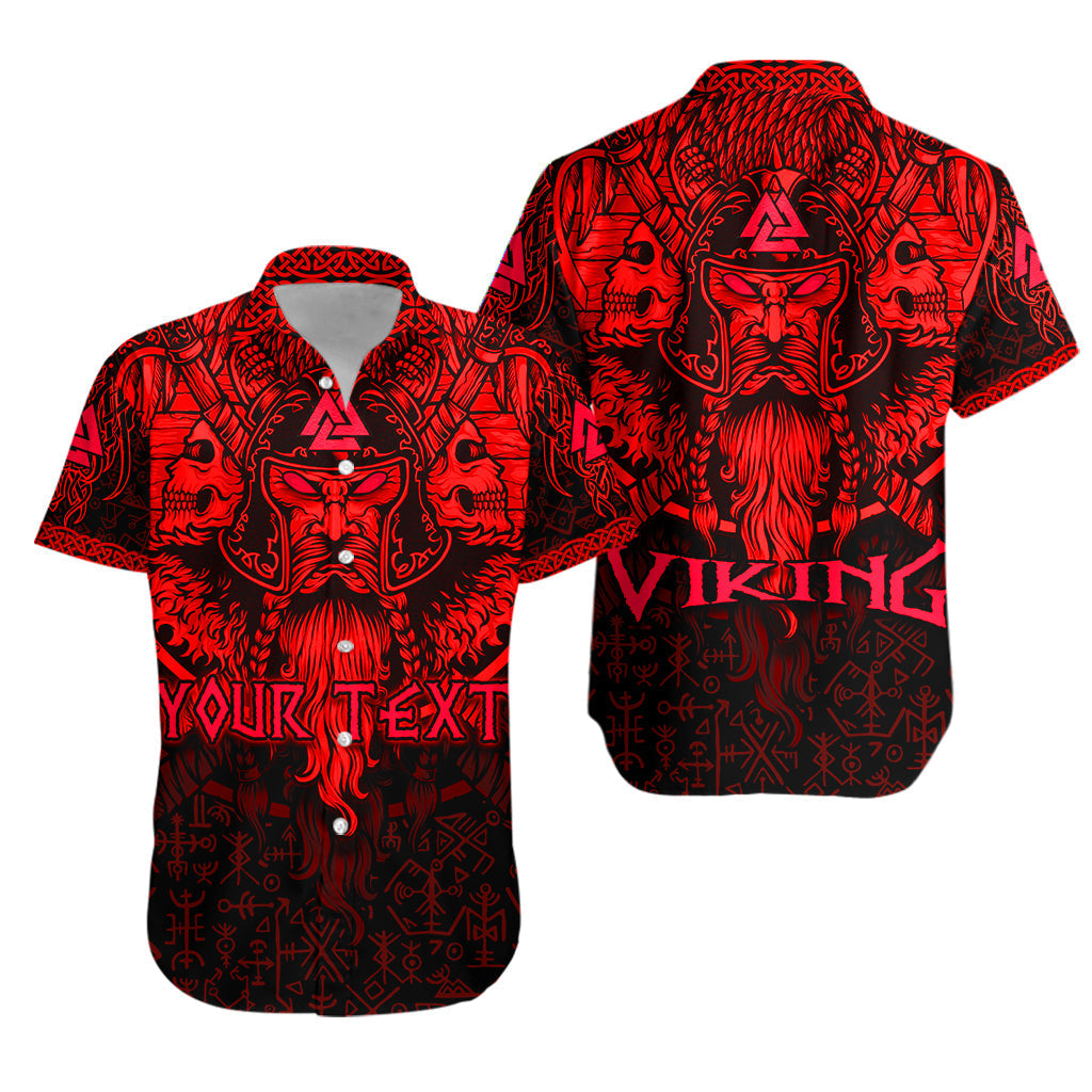 Red Hawaiian shirt with Viking head graphic, runes, and Celtic knot pattern.