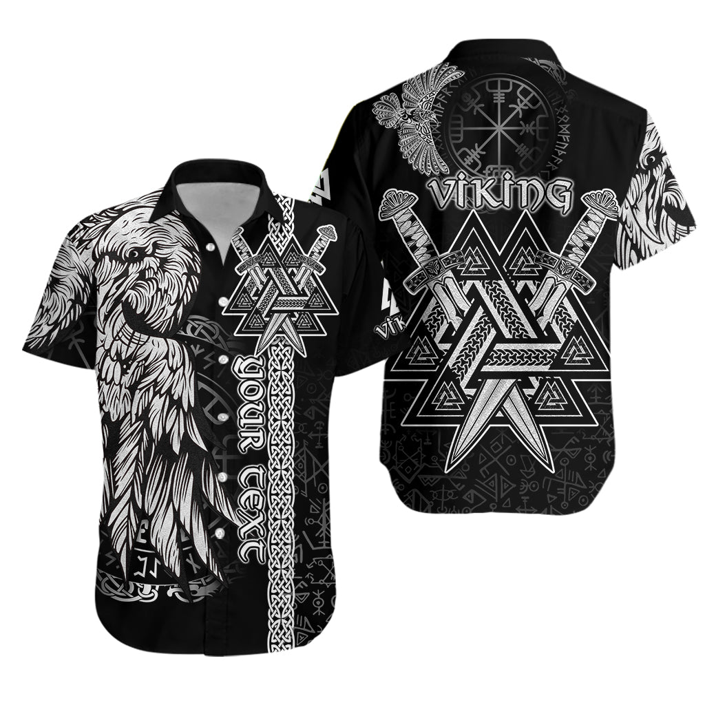 Black Hawaiian button shirt, white Viking raven and geometric symbols