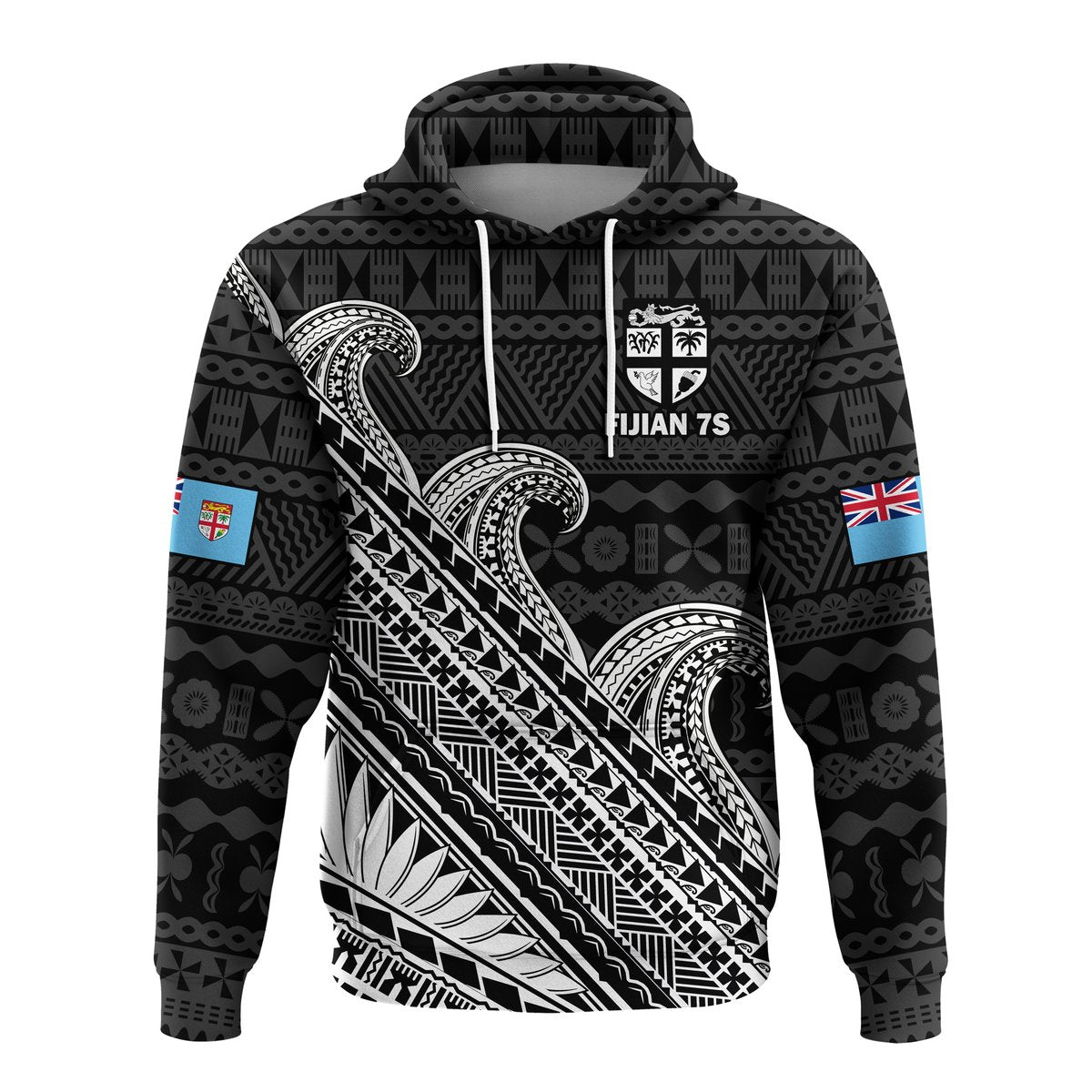 Black zip-up hoodie with tribal tapa pattern, white graphics, hood and front zipper