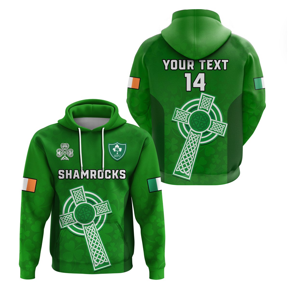 Green rugby-style pullover hoodie with shamrocks cross graphic, front and back view