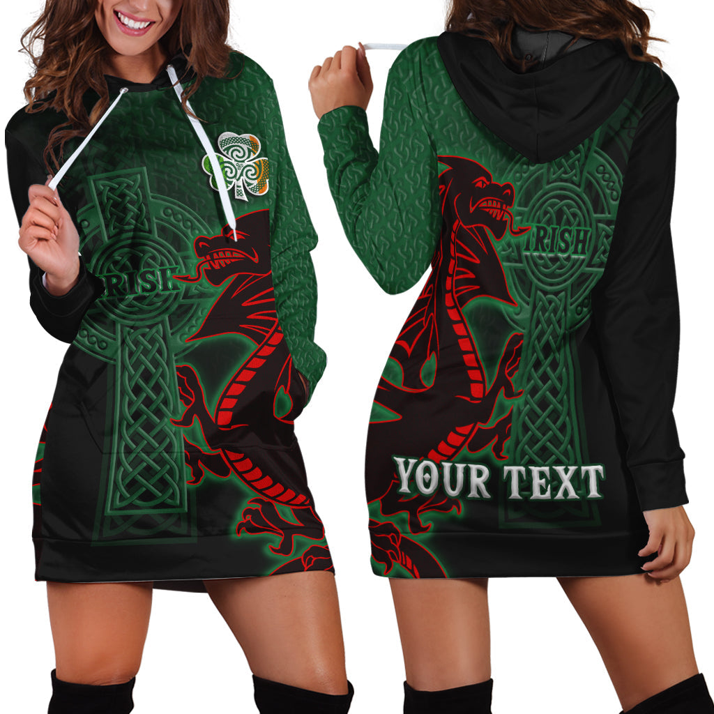 Black hoodie dress with green Celtic cross and dragon graphic, hooded, long sleeves