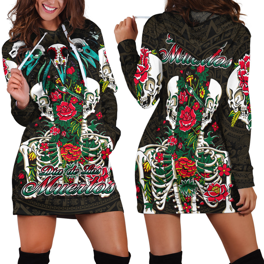 Black hoodie dress with colorful floral skull graphic, long sleeves and front kangaroo pocket