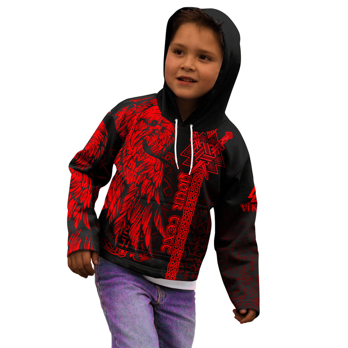 Kids zip hoodie in black with red Viking-style front graphic and attached hood.