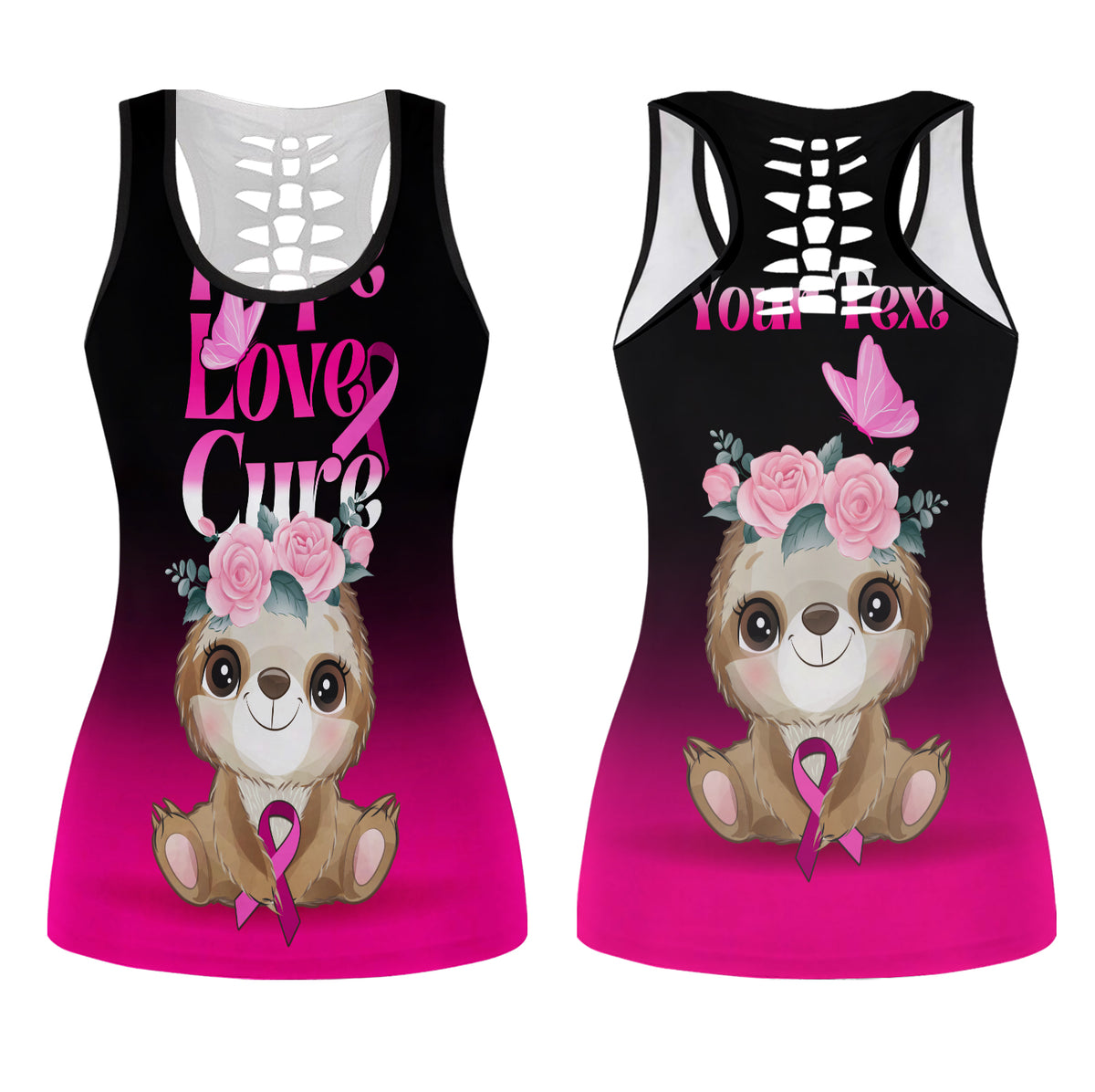 Pink breast cancer awareness tank top with black racerback, sloth holding ribbon and roses