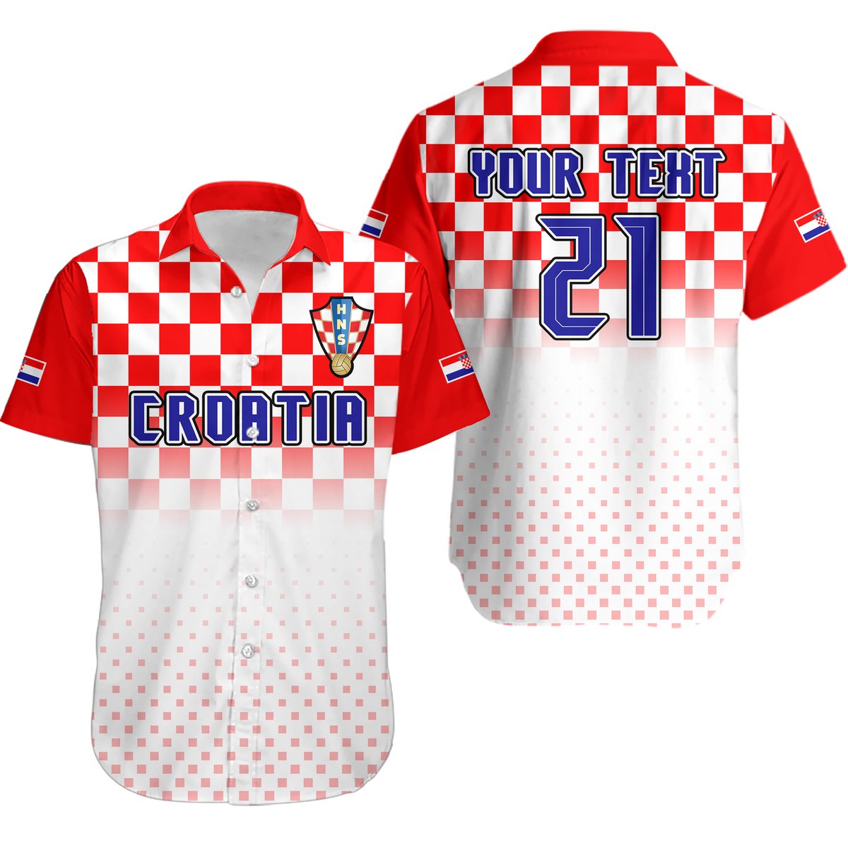 Red and white checkered Croatia button-up shirt with 'YOUR TEXT' and number 21