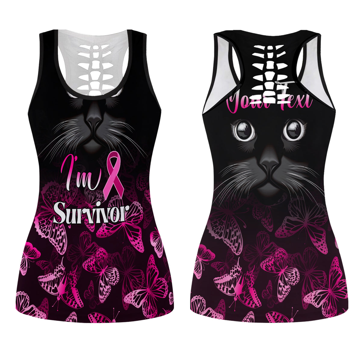 Black hollow tank top with cat face graphic, pink awareness ribbon and survivor text