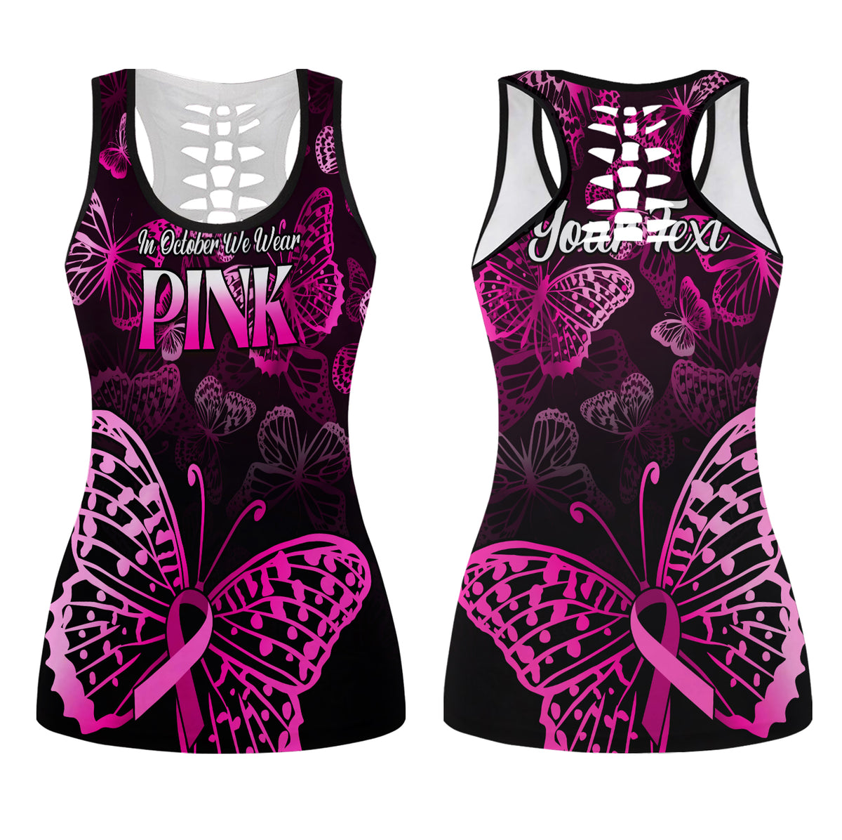 Racerback hollow tank top in black with pink floral bow graphic and 'PINK' print